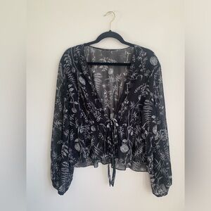 Women’s Black & White Floral Sheer Blouse, Size XL